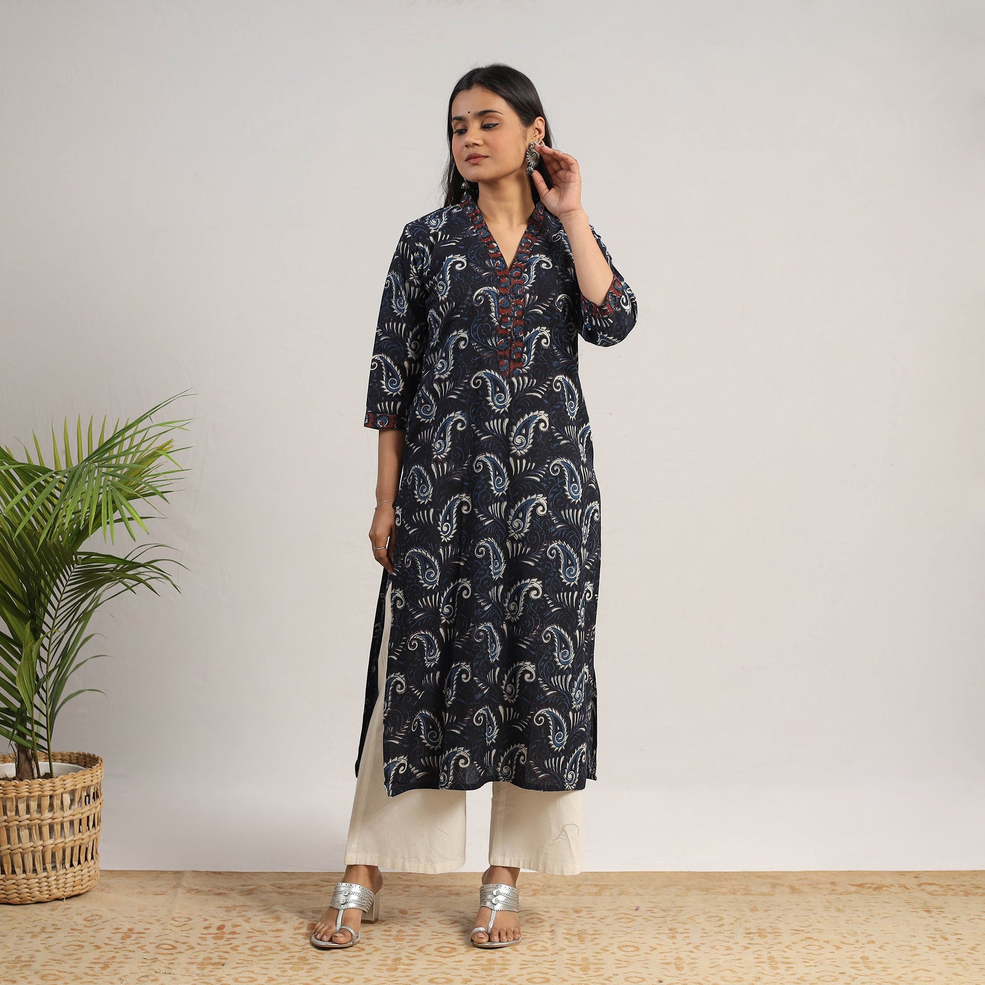 Black - Natural Dyed Cotton Straight Jahota Print Kurta 07
