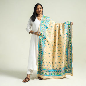 Beige - Authentic Bengal Kantha Hand Embroidery Bangalore Silk Dupatta