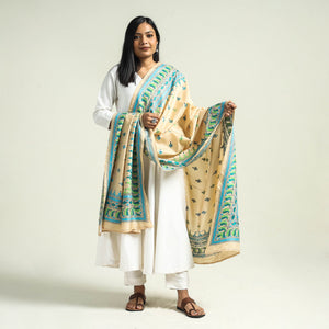 Beige - Authentic Bengal Kantha Hand Embroidery Bangalore Silk Dupatta
