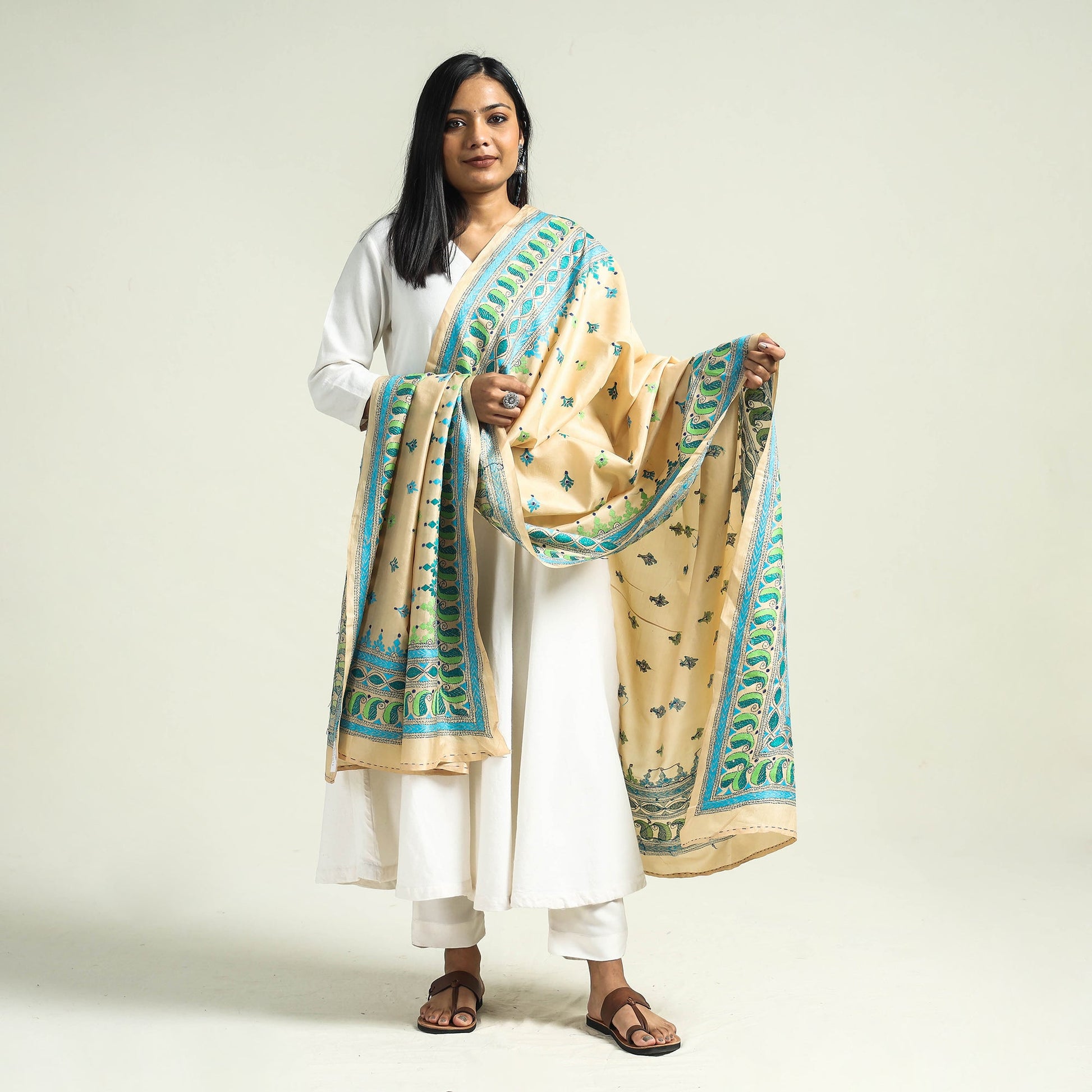 Beige - Authentic Bengal Kantha Hand Embroidery Bangalore Silk Dupatta