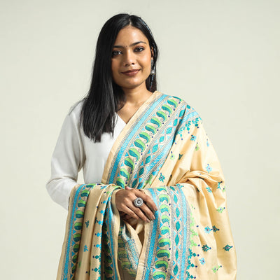 Beige - Authentic Bengal Kantha Hand Embroidery Bangalore Silk Dupatta