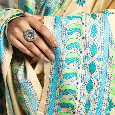 Beige - Authentic Bengal Kantha Hand Embroidery Bangalore Silk Dupatta