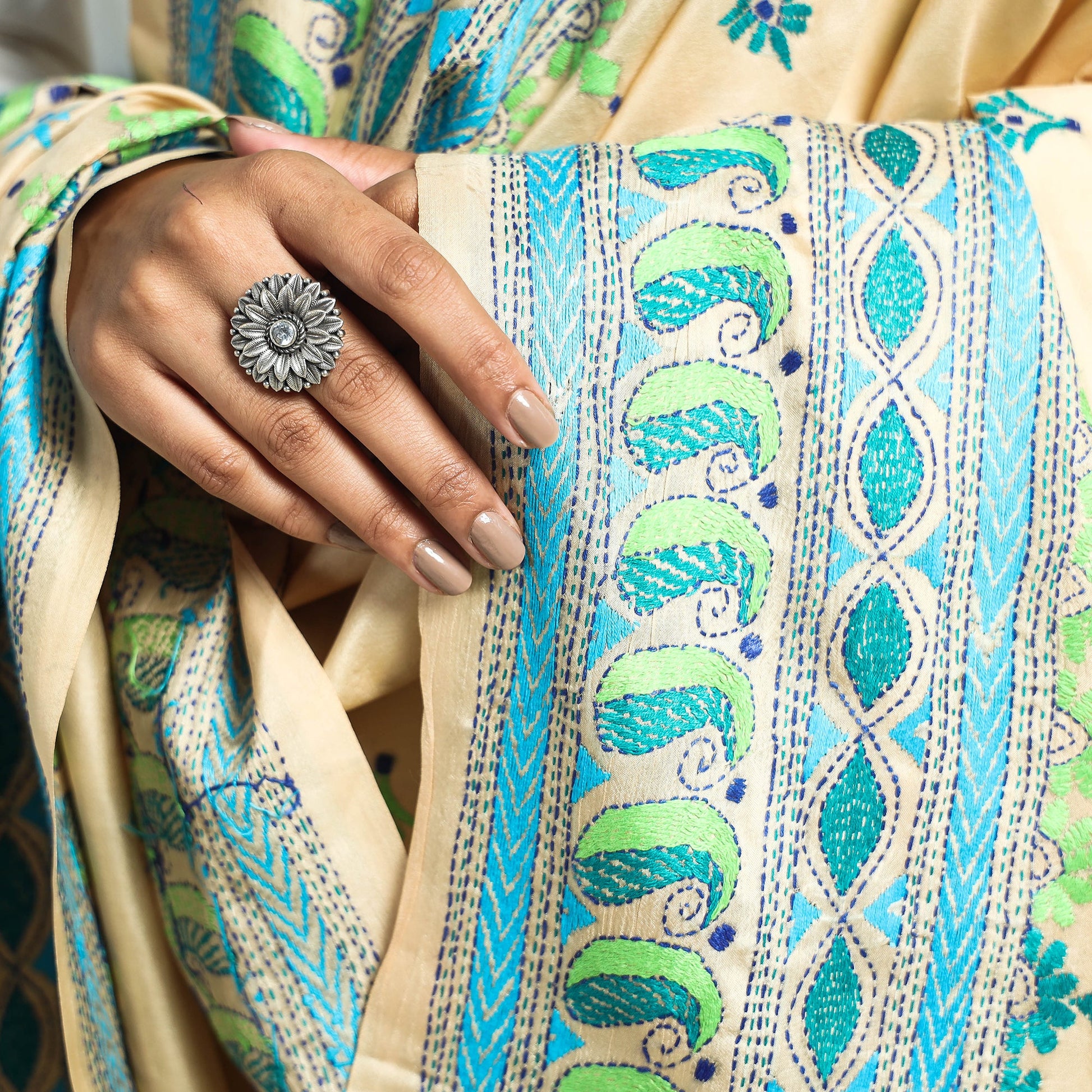 Beige - Authentic Bengal Kantha Hand Embroidery Bangalore Silk Dupatta