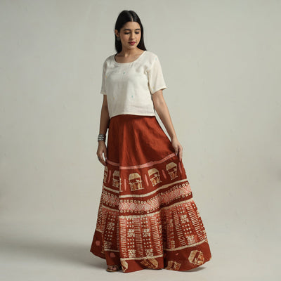 Brown - Hand Batik Printed Running Stitch Cotton Long Skirt 111