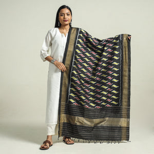 Black - Handwoven Pochampally Ikat Pure Mulberry Silk Dupatta with Tassels