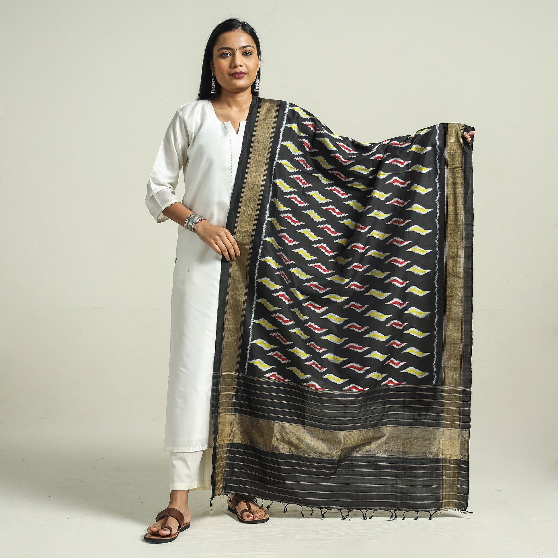 Black - Handwoven Pochampally Ikat Pure Mulberry Silk Dupatta with Tassels