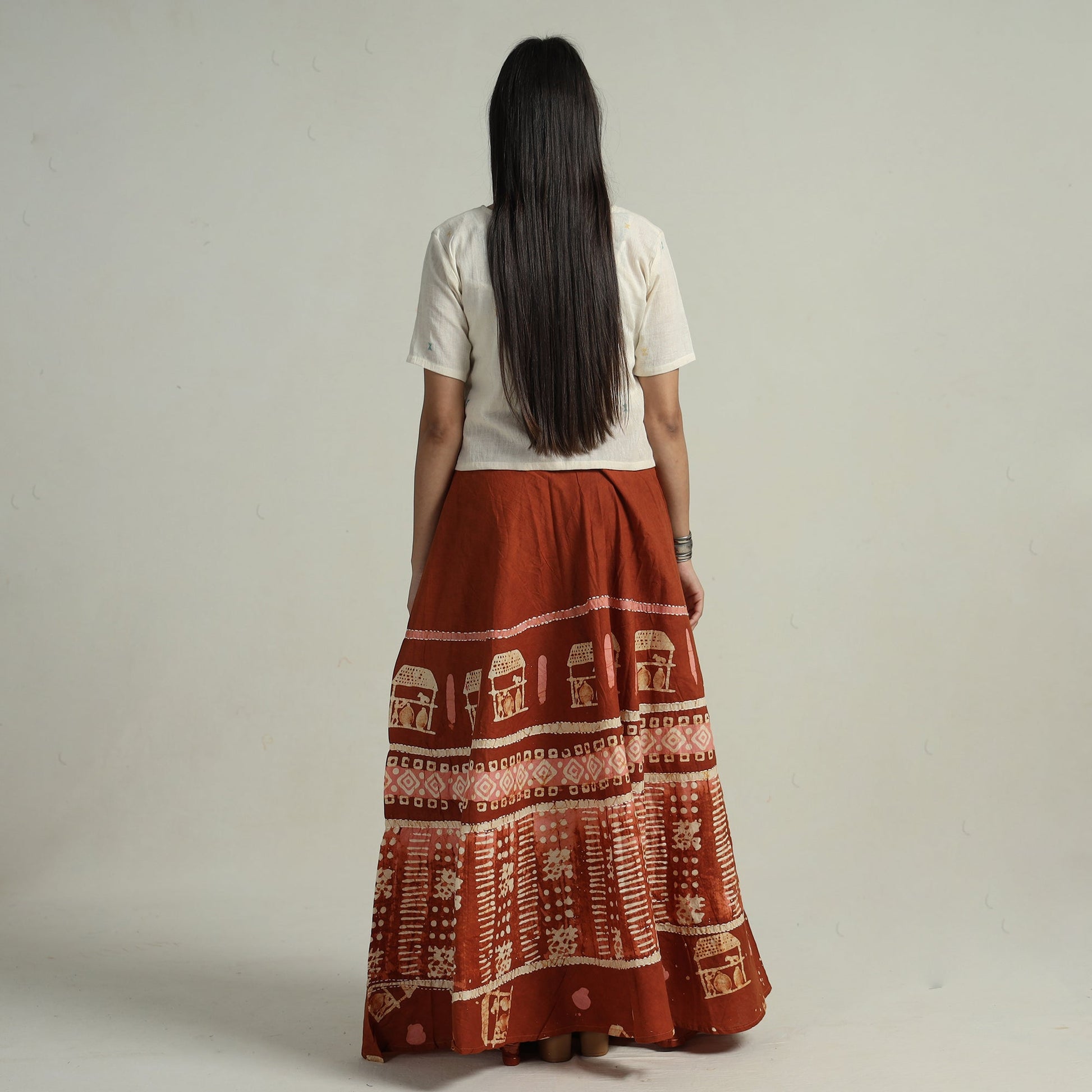 Brown - Hand Batik Printed Running Stitch Cotton Long Skirt 111