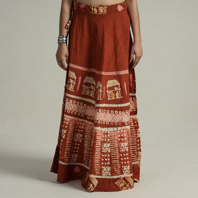 Brown - Hand Batik Printed Running Stitch Cotton Long Skirt 111
