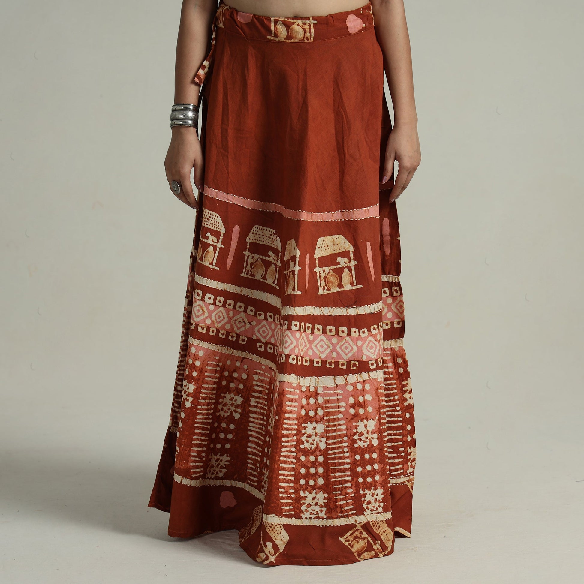 Brown - Hand Batik Printed Running Stitch Cotton Long Skirt 111