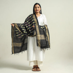 Black - Handwoven Pochampally Ikat Pure Mulberry Silk Dupatta with Tassels