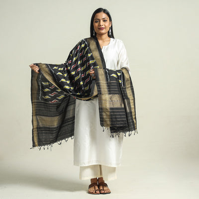 Black - Handwoven Pochampally Ikat Pure Mulberry Silk Dupatta with Tassels