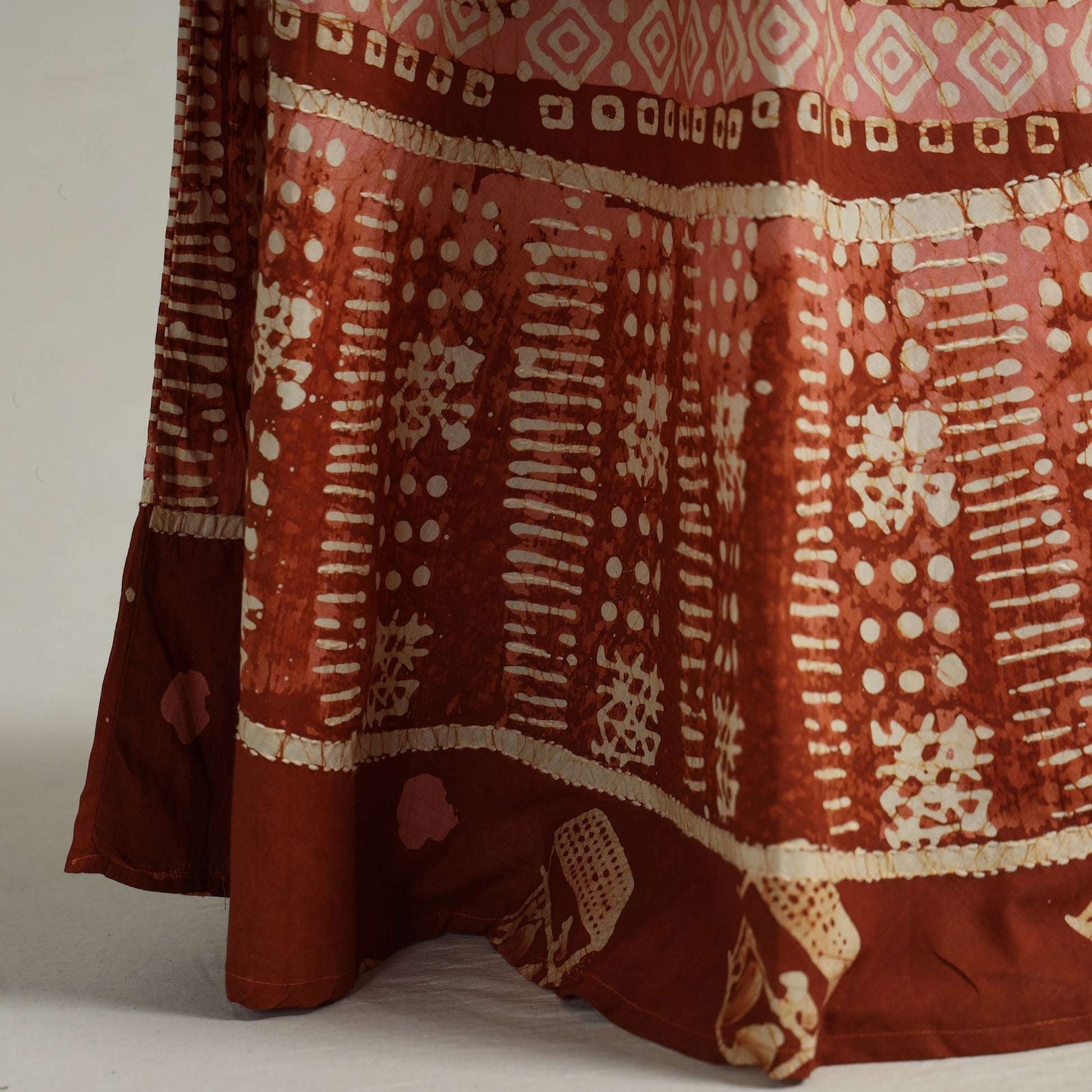 Brown - Hand Batik Printed Running Stitch Cotton Long Skirt 111