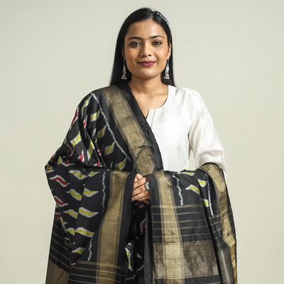 Black - Handwoven Pochampally Ikat Pure Mulberry Silk Dupatta with Tassels