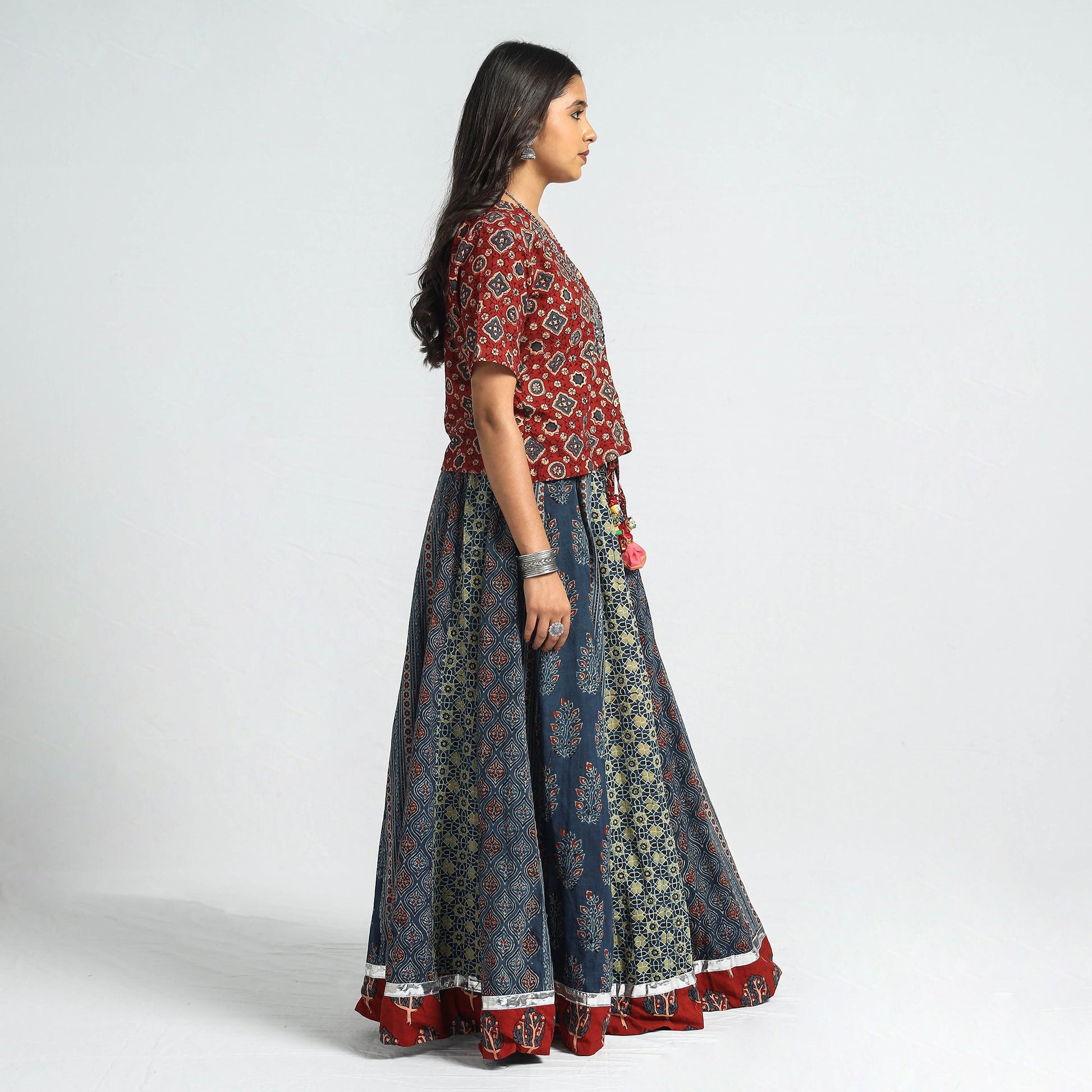 Blue - Ajrakh Block Printed 24 Kali Patchwork Cotton Long Skirt