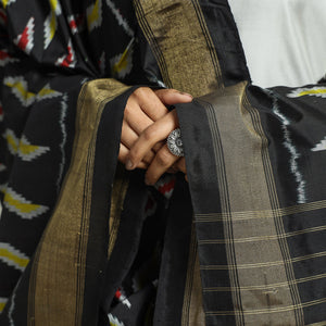 Black - Handwoven Pochampally Ikat Pure Mulberry Silk Dupatta with Tassels