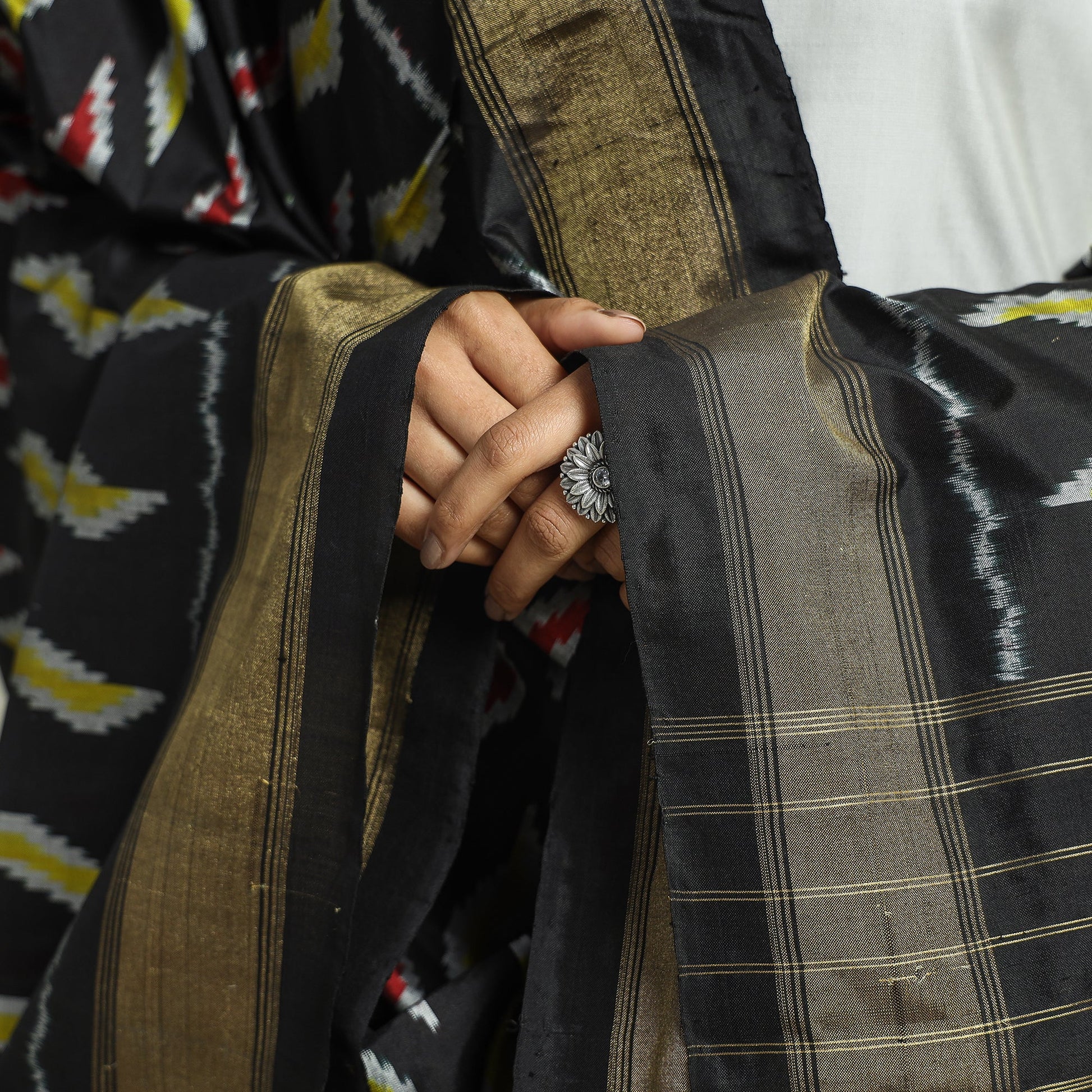 Black - Handwoven Pochampally Ikat Pure Mulberry Silk Dupatta with Tassels
