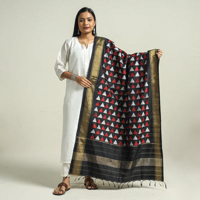 Black - Handwoven Pochampally Ikat Pure Mulberry Silk Dupatta with Tassels