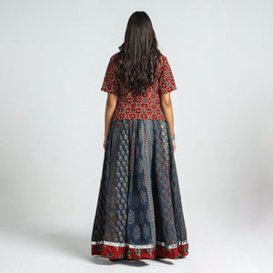 Blue - Ajrakh Block Printed 24 Kali Patchwork Cotton Long Skirt