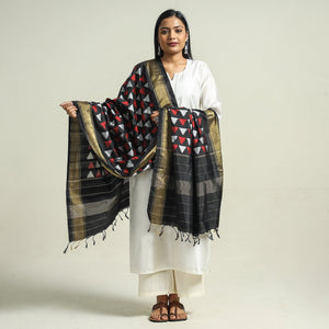 Black - Handwoven Pochampally Ikat Pure Mulberry Silk Dupatta with Tassels
