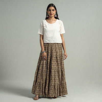 Beige - Sanganeri Block Printed Tiered Cotton Long Skirt