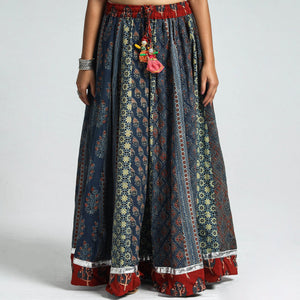 Blue - Ajrakh Block Printed 24 Kali Patchwork Cotton Long Skirt