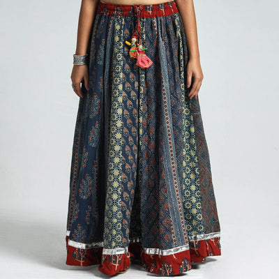 Blue - Ajrakh Block Printed 24 Kali Patchwork Cotton Long Skirt