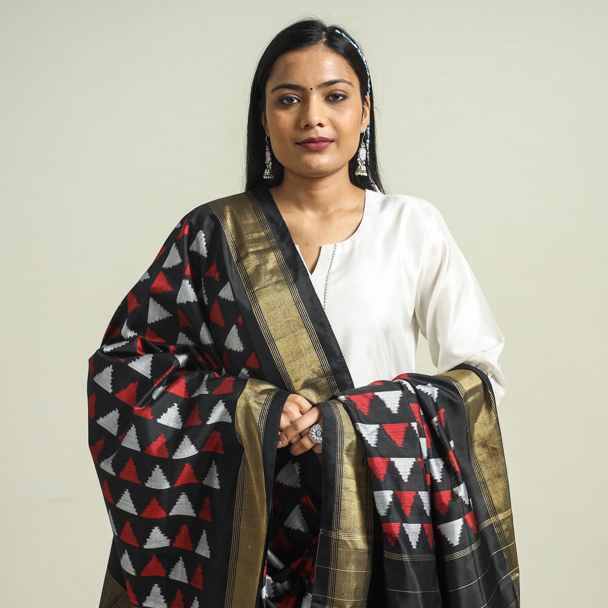 Black - Handwoven Pochampally Ikat Pure Mulberry Silk Dupatta with Tassels