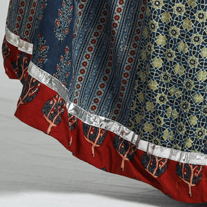 Blue - Ajrakh Block Printed 24 Kali Patchwork Cotton Long Skirt