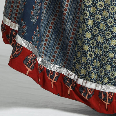 Blue - Ajrakh Block Printed 24 Kali Patchwork Cotton Long Skirt