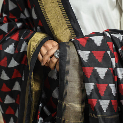 Black - Handwoven Pochampally Ikat Pure Mulberry Silk Dupatta with Tassels