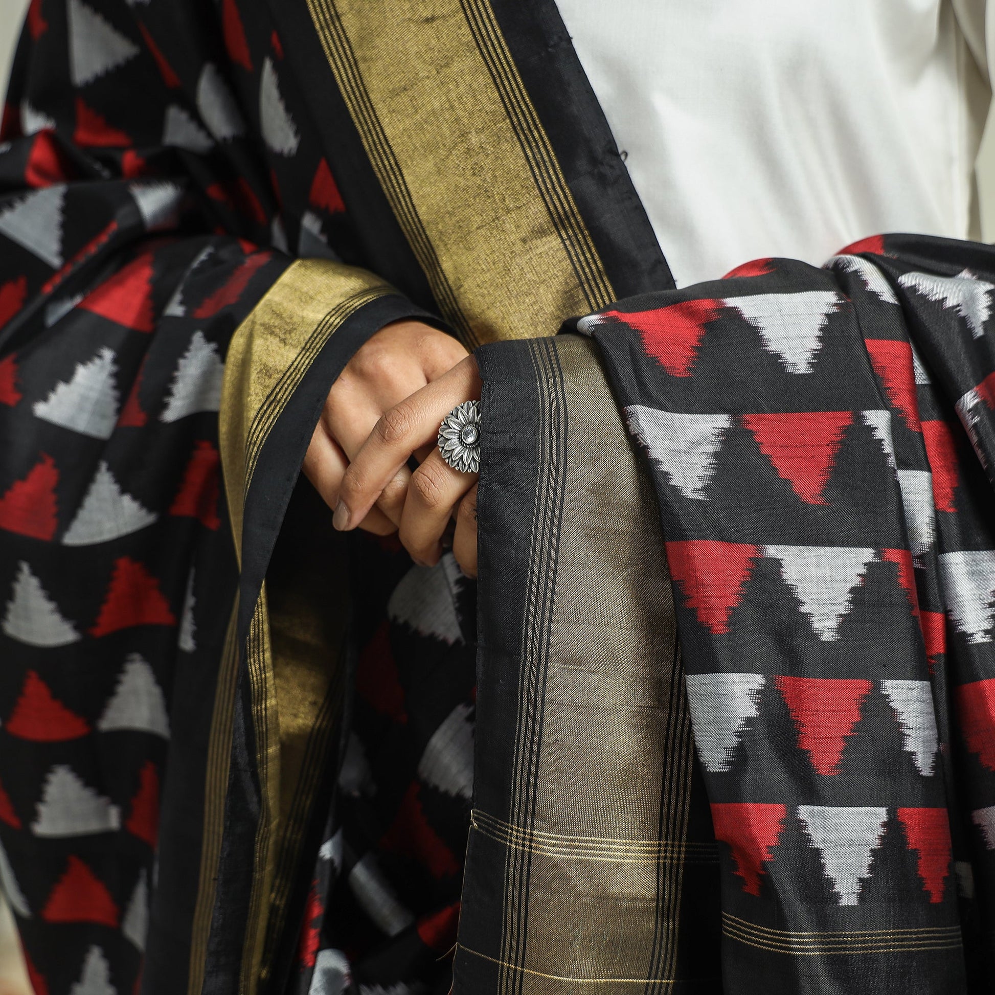 Black - Handwoven Pochampally Ikat Pure Mulberry Silk Dupatta with Tassels