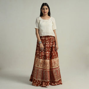 Brown - Hand Batik Printed Running Stitch Cotton Long Skirt 113