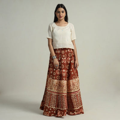 Brown - Hand Batik Printed Running Stitch Cotton Long Skirt 113