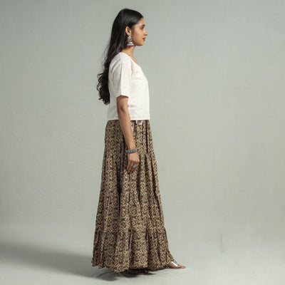 Beige - Sanganeri Block Printed Tiered Cotton Long Skirt