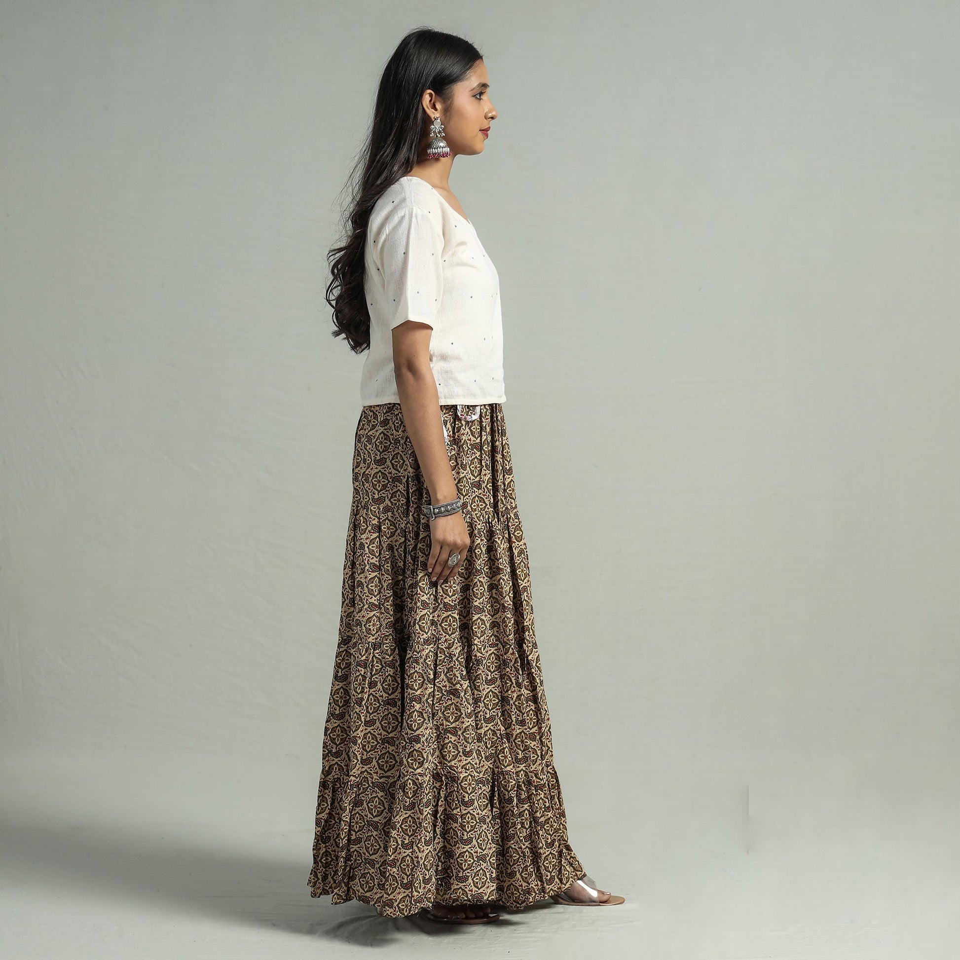 Beige - Sanganeri Block Printed Tiered Cotton Long Skirt