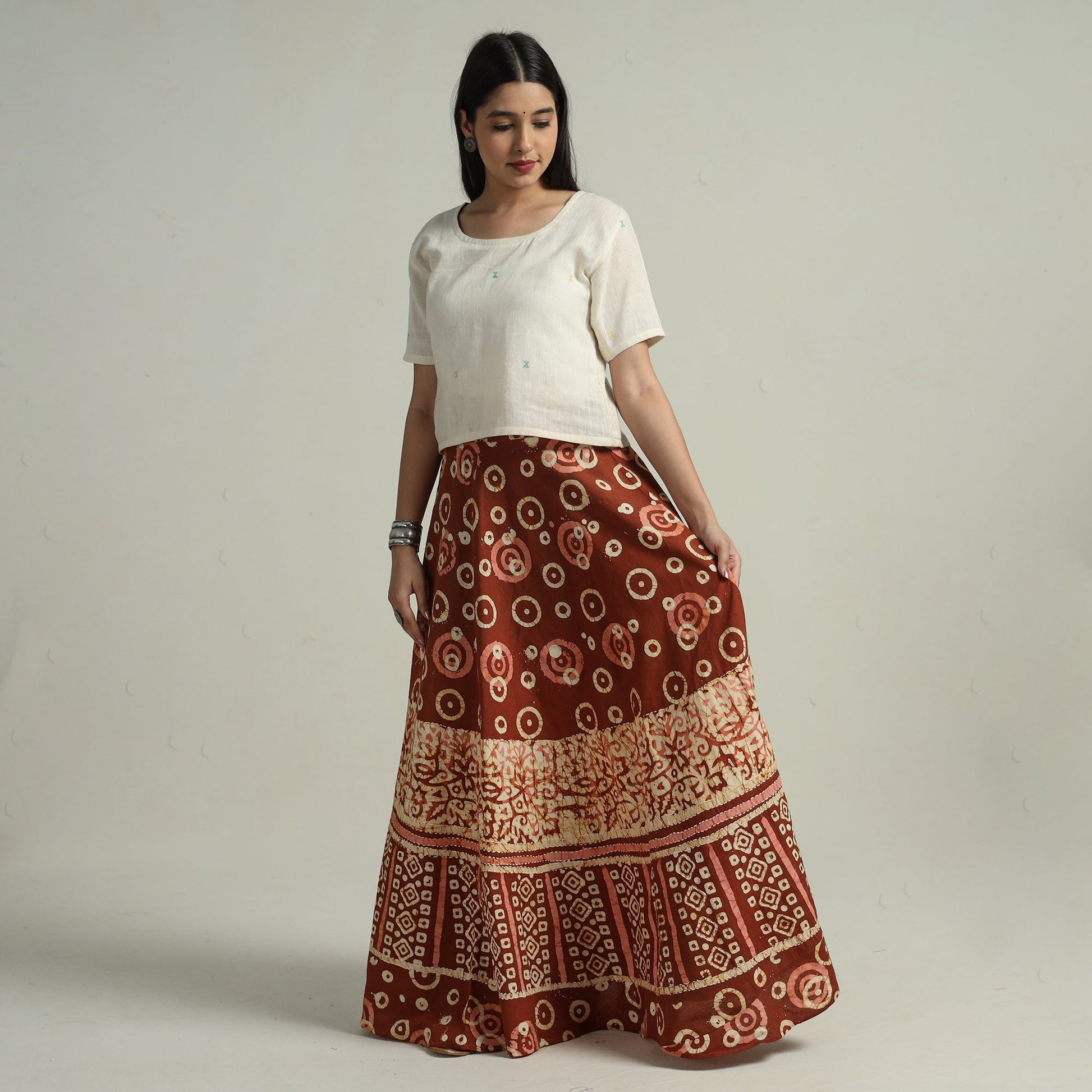 Brown - Hand Batik Printed Running Stitch Cotton Long Skirt 113