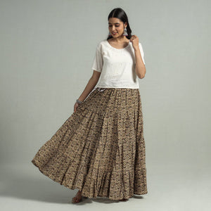 Beige - Sanganeri Block Printed Tiered Cotton Long Skirt