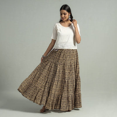 Beige - Sanganeri Block Printed Tiered Cotton Long Skirt