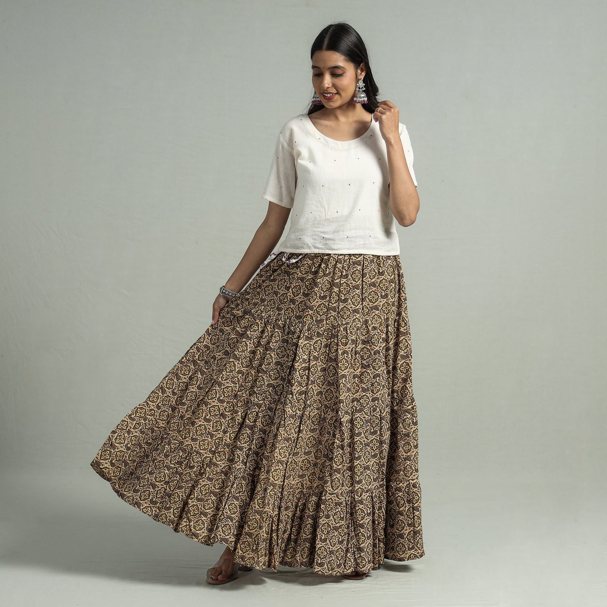 Beige - Sanganeri Block Printed Tiered Cotton Long Skirt