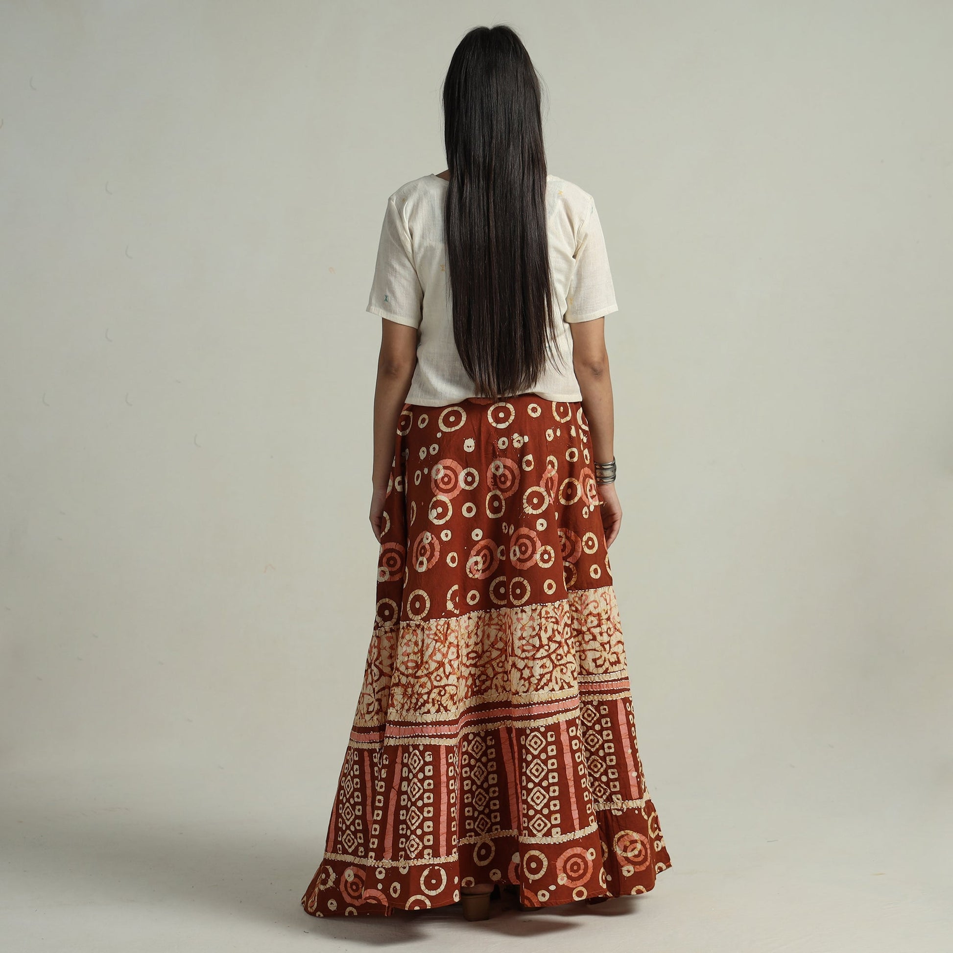 Brown - Hand Batik Printed Running Stitch Cotton Long Skirt 113