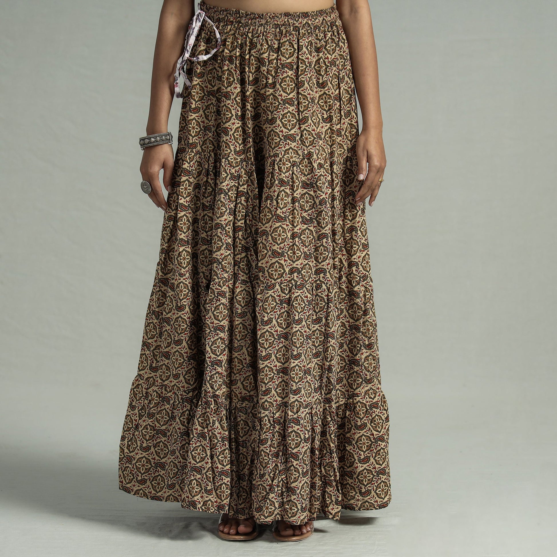 Beige - Sanganeri Block Printed Tiered Cotton Long Skirt