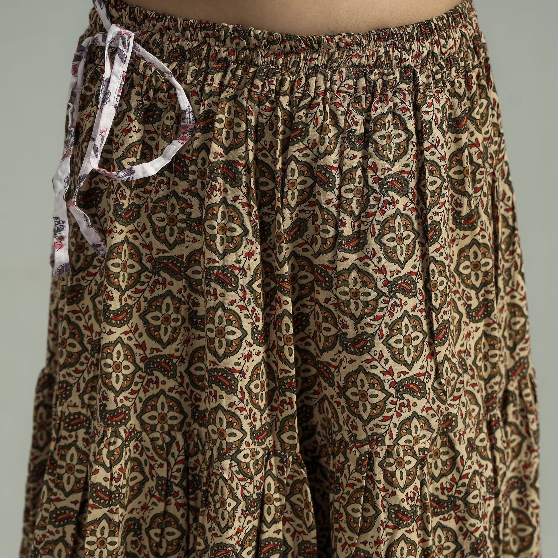 Beige - Sanganeri Block Printed Tiered Cotton Long Skirt