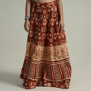 Brown - Hand Batik Printed Running Stitch Cotton Long Skirt 113