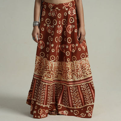 Brown - Hand Batik Printed Running Stitch Cotton Long Skirt 113