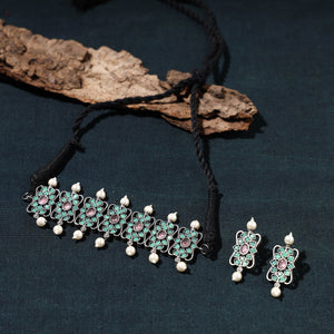 Antique Silver Finish Oxidised Brass Base Stone Work Choker Necklace Set