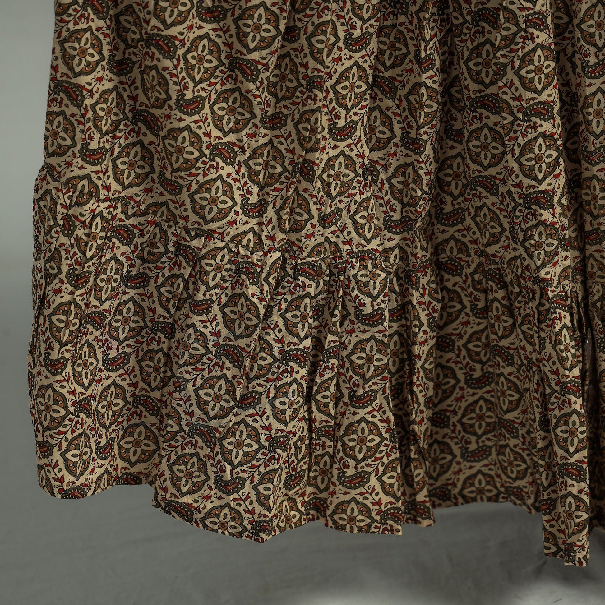 Beige - Sanganeri Block Printed Tiered Cotton Long Skirt
