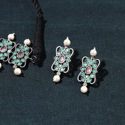 Antique Silver Finish Oxidised Brass Base Stone Work Choker Necklace Set
