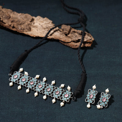 Antique Silver Finish Oxidised Brass Base Stone Work Choker Necklace Set