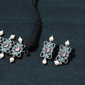 Antique Silver Finish Oxidised Brass Base Stone Work Choker Necklace Set