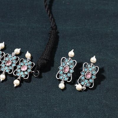 Antique Silver Finish Oxidised Brass Base Stone Work Choker Necklace Set